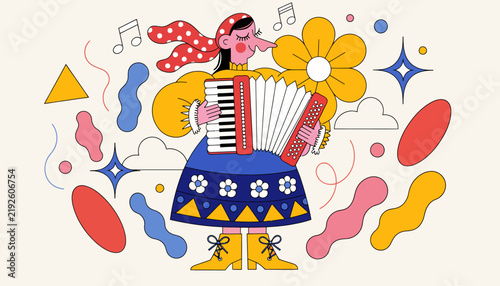 Woman playing accordion surrounded by colorful abstract shapes and music notes