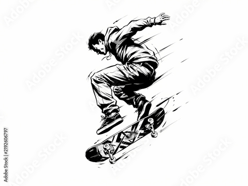 Dynamic black and white illustration of a skateboarder performing an aerial trick.