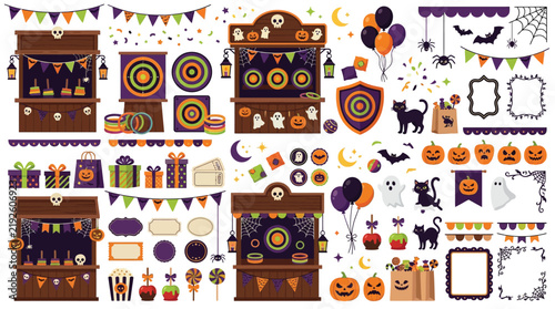 Halloween carnival game stalls, spooky festival fairground attractions, festive autumn celebration vector elements, party decorations, and trick-or-treat graphics collection