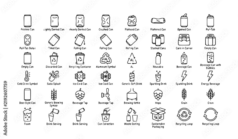Obraz premium Beverage Can Beer Brewing Drink and Dented Container Thin Line Vector Icons