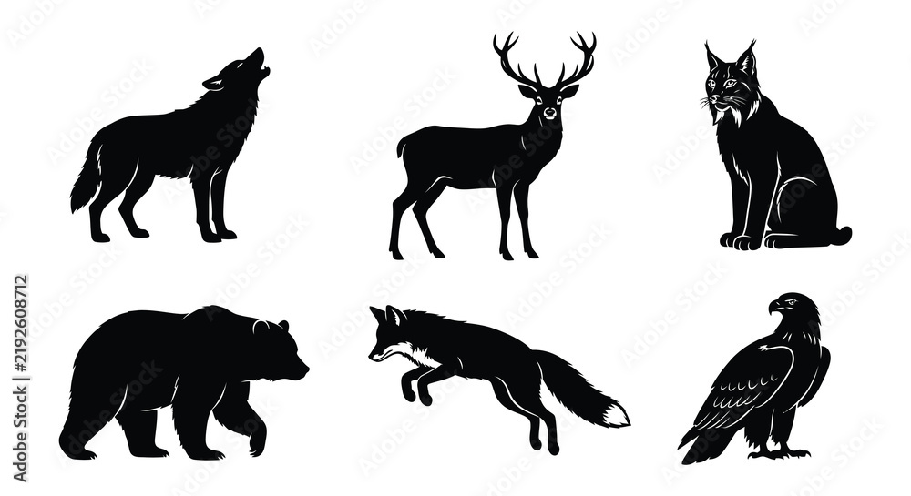 Obraz premium Silhouettes of wildlife animals on a white background