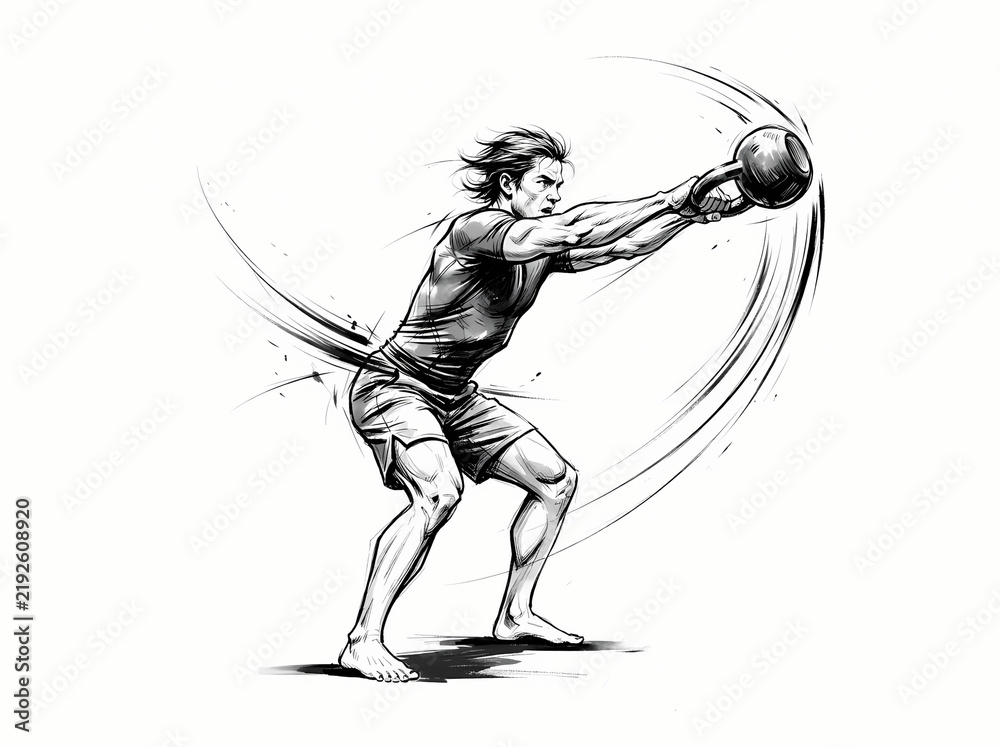 Fototapeta premium Athletic man performing a dynamic kettlebell swing exercise in a sketch style.