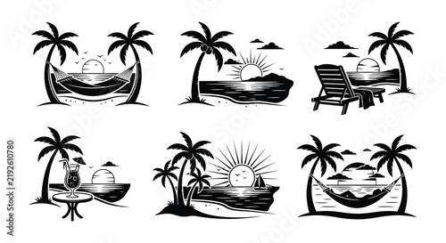 Tropical island scenes with palm trees and beach elements black vector illustrations