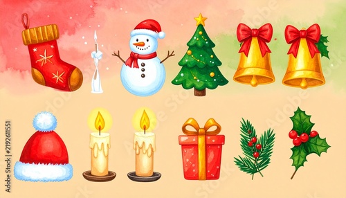 Colorful Christmas festive icon set.