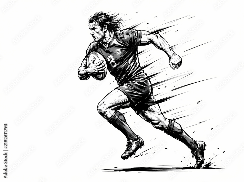 Obraz premium Dynamic black and white illustration of a rugby player sprinting with the ball.