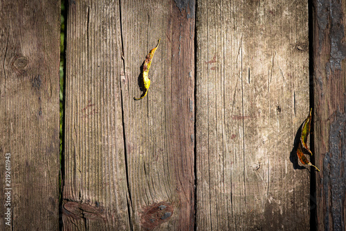 Top view of old weathered wooden planks on a suspension footbridge with natural wood grain, cracks and fallen leaves, creating a rustic wood texture and background.