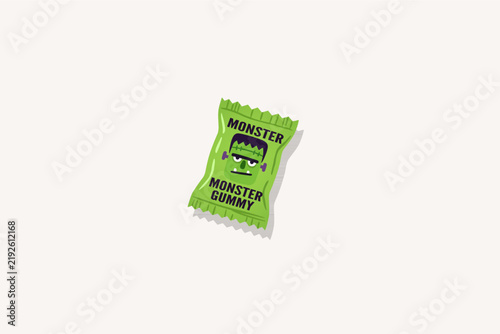 Frankenstein Monster Gummy Halloween Candy Wrapper Vector Illustration