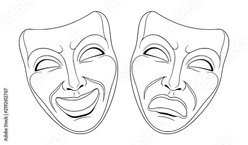 Pair of theatrical drama masks representing comedy and tragedy with theater masks acting masks performing arts greek theater line art white background black white