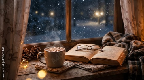 Cozy winter window sill with hot cocoa and book