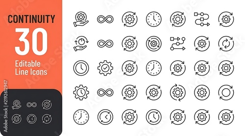 Continuity process line icons set featuring gears and clocks for workflow