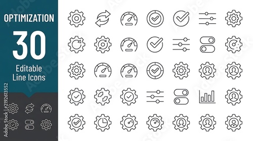 Optimization line icon set with thirty editable symbols for user interface