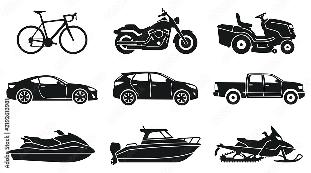 Obraz premium Set of black silhouette icons featuring various types of vehicles and transportation