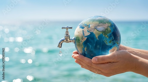 Save water concept with globe and metal tap in hands near sea