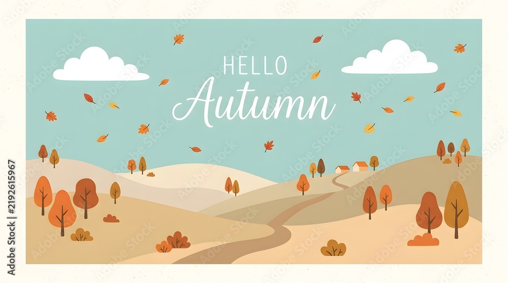 Obraz premium Cute autumn landscape illustration with rolling hills, colorful trees, falling leaves, and small houses under a blue sky with clouds