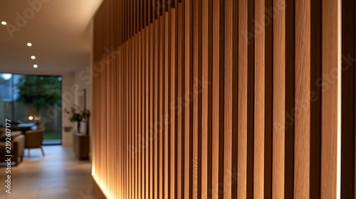 Modern interior design with a vertical wooden slat wall and warm LED lighting.