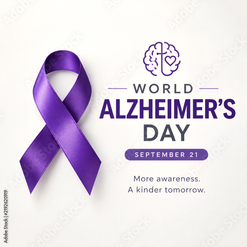 Purple awareness ribbon symbolizing support for world alzheimer day campaign with creative brain icon graphic on clean white background texture