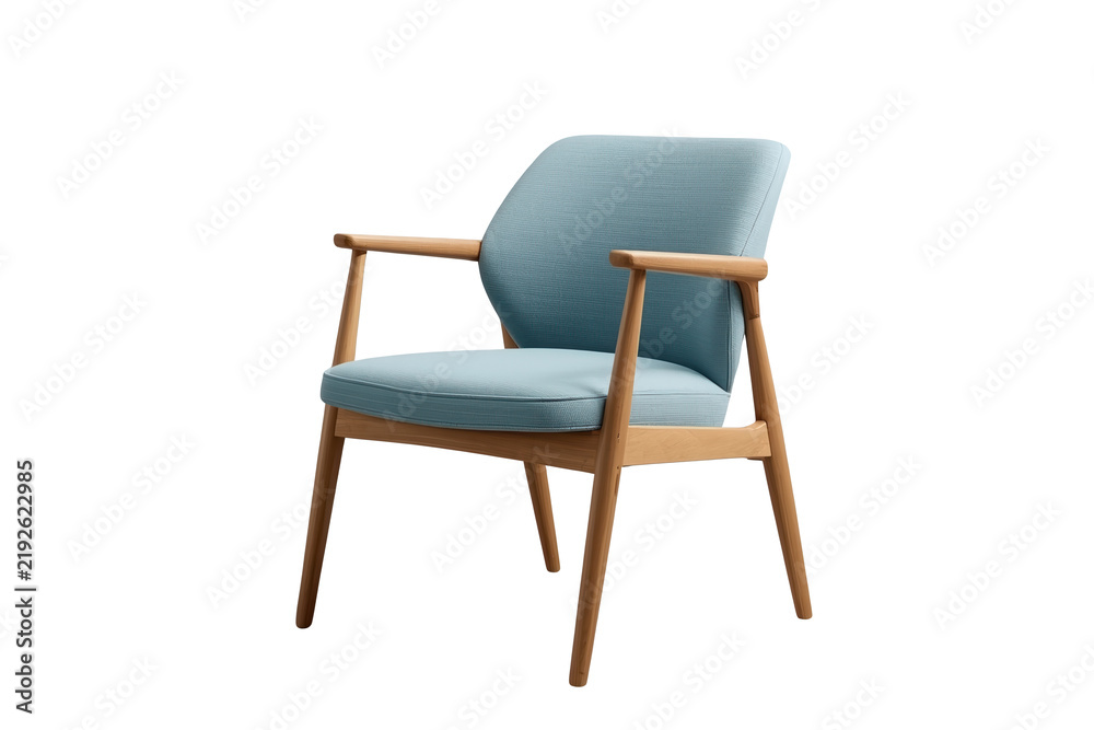 Obraz premium Pale blue wooden lounge chair with padded cushions