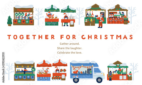 クリスマスマーケットで賑わう屋台が並ぶ「TOGETHER FOR CHRISTMAS」バナーデザイン