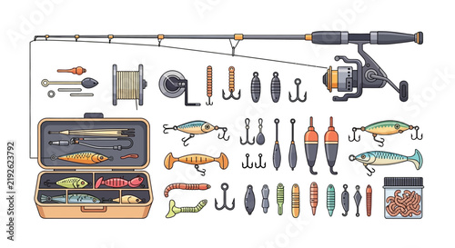 Bild auf Leinwand Comprehensive Collection of Professional Angling Gear Featuring Rods Reels Lures