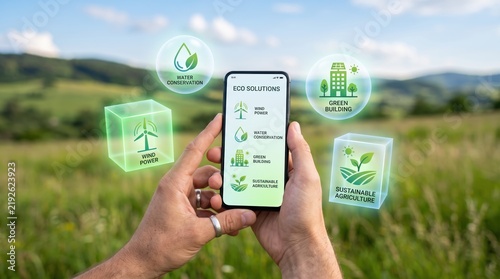 Hands holding smartphone displaying eco solutions app with floating green icons, sustainable technology concept, wind power, water conservation, green building, agriculture, nature