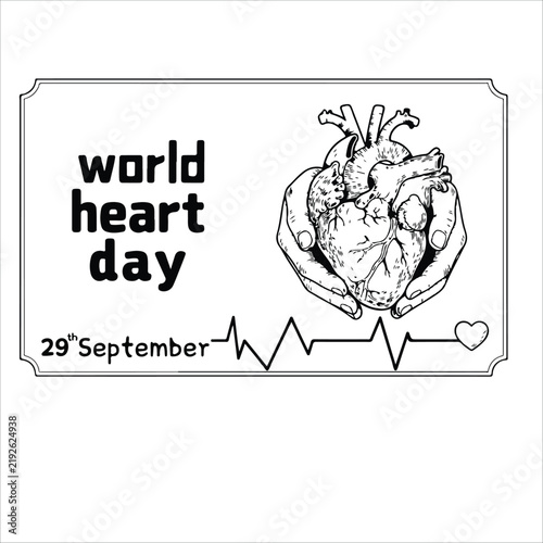 World Heart Day illustration with hands holding a human heart and EKG line