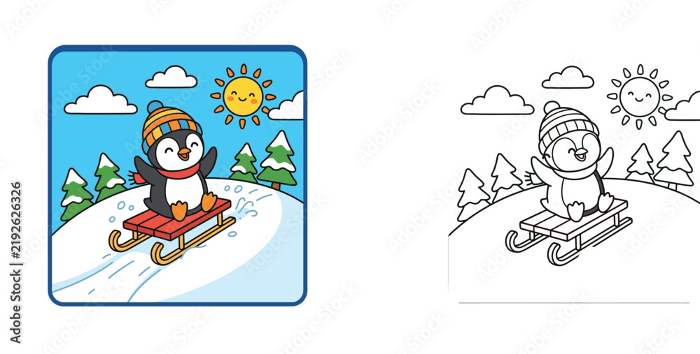 Fototapeta premium Coloring Page for Kids with a Cute Cartoon Penguin Sledding on a Sunny Winter Day