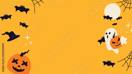 Halloween Background Template with Pumpkins, Bats, Ghost and Spider Web