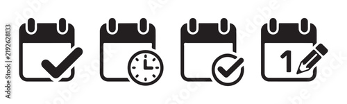 Black thin line calendar vector icons with tick check mark clock face and writing pencil signs.