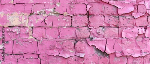 A textured brick wall with flaking pink paint creates a visually striking abstract pattern, showing significant age and weathering, while suggesting deterioration