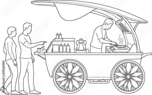 Street Food Vendor Preparing Hot Meals at Mobile Food Cart With Customers Waiting in Line Art Illustration
