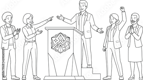 Successful Business Leader Presenting Achievement to Celebrating Professional Team at Corporate Event Line Art Illustration