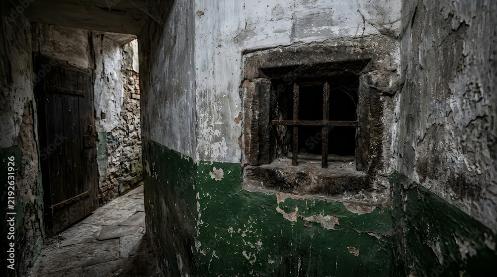 Fototapeta premium Abandoned dark prison cell with iron bars in old building illustration