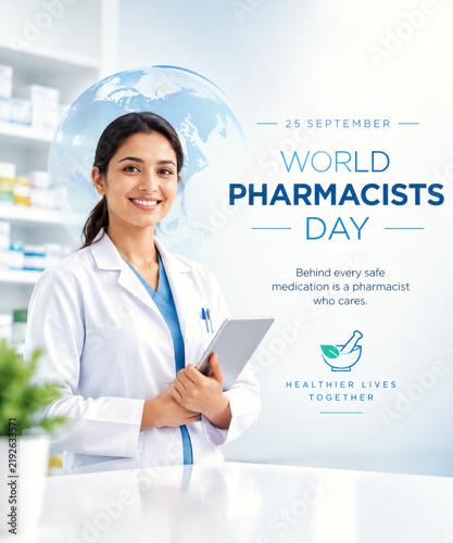 Smiling female pharmacist in white coat standing at pharmacy counter holding digital tablet during celebration of world pharmacists day event