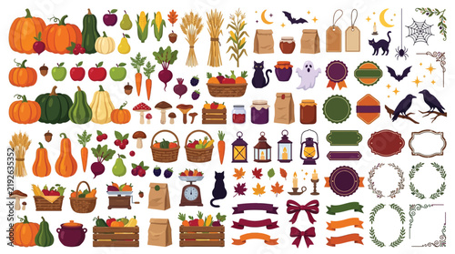 Autumn harvest vector elements set, thanksgiving pumpkin and fall foliage icons, halloween design templates and labels