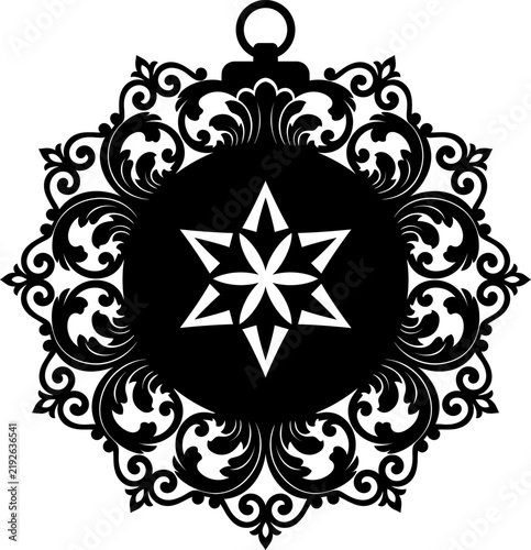 Vintage christmas ornament silhouette with ornate floral frame and star, laser cut bauble stencil