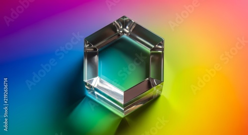 A translucent hexagonal prism refracts vibrant spectrum hues across a dynamic surface creating mesmerizing optical patterns and luminous refractions during a creative artistic exploration project