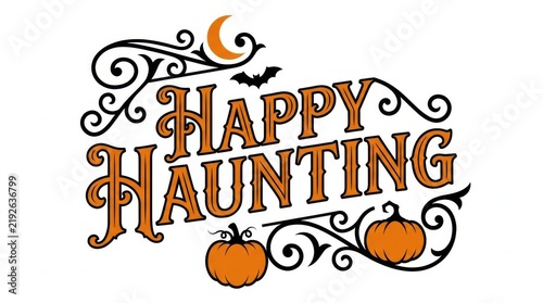 Happy Haunting Halloween text design with pumpkins and bats illustration