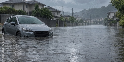 Obraz w ramie 大雨で冠水した住宅街に停車する乗用車と水害リスク