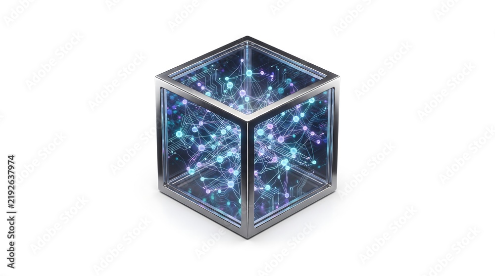 Obraz premium Square glass cube containing mesmerizing colorful starry lights and glowing particles like a miniature universe
