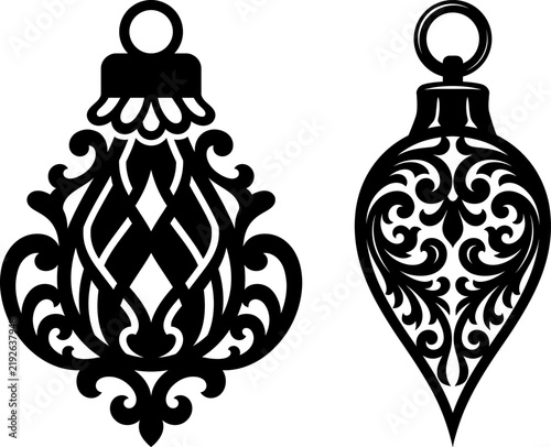 Vintage christmas bauble silhouettes, ornate holiday tree ornaments laser cut vector stencil