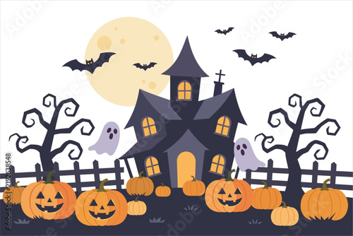 Halloween haunted house landscape with full moon, ghosts, bats, and pumpkins in flat 2D style. Vector illustration for spooky background.