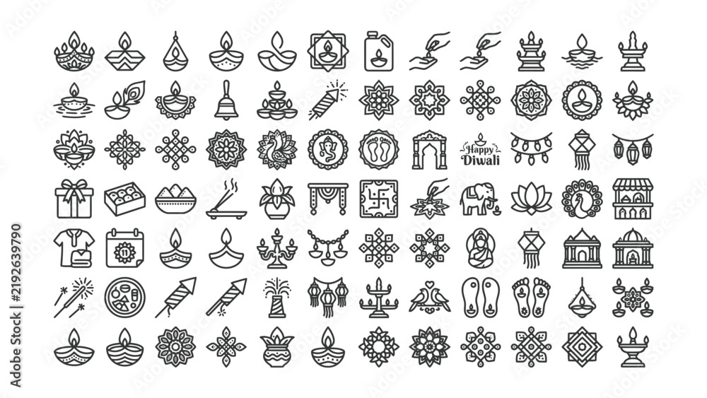 Obraz premium A comprehensive collection of Diwali festival outline icons for celebratory greeting cards and social media design projects