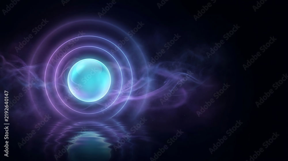 Fototapeta premium Abstract luminous orb emanating concentric rings of purple light with wisps of ethereal smoke reflecting in rippling water representing energy mystery and the unknown