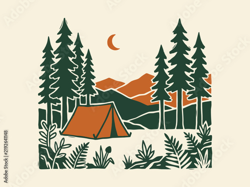 A stylized illustration depicting a serene camping scene at night, featuring an orange tent nestled among tall green pine trees, with distant mountains and a crescent moon in the sky.