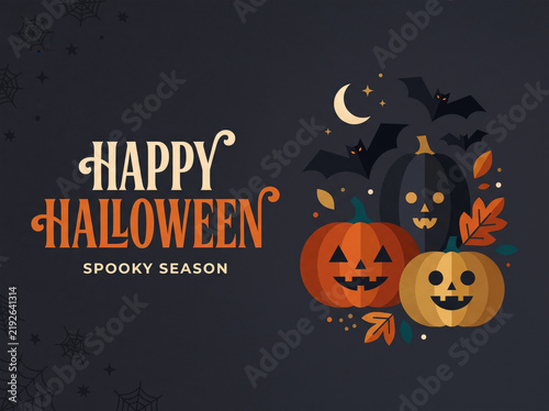 Happy Halloween Spooky Season Greeting Card with Jack O Lantern Pumpkins Bats Moon and Cobwebs Flat Design for Social Media Marketing Poster Banner