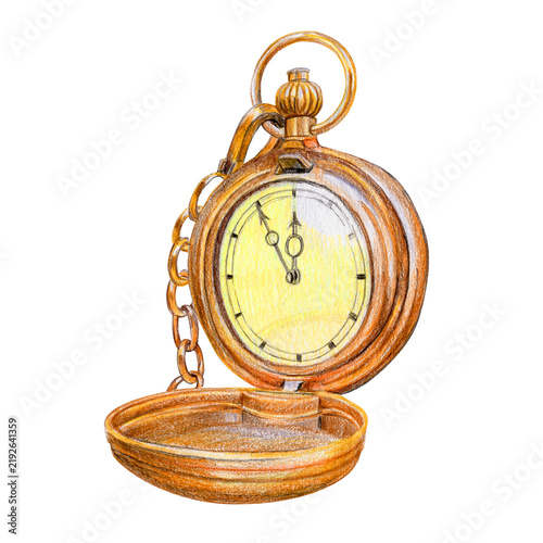Hand drawn old fashioned golden. Circle watch with lid and chain.