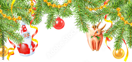 Hand drawn with color pencils header, winter greenery, Fir branches decorated with Christmas balls and Christmas ball-Goat and Santa