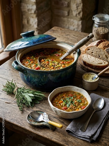 Freshly cooked vegetable soup in a ceramic pot