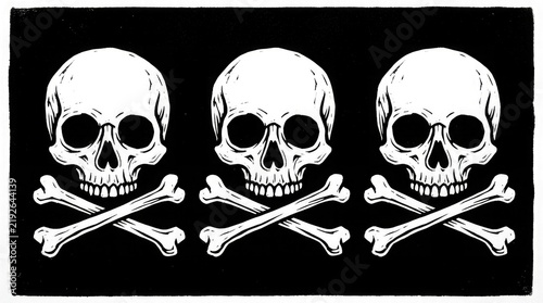 A chilling depiction of three stark white skulls crossed with bones evoking the spooky and eerie atmosphere of halloween night