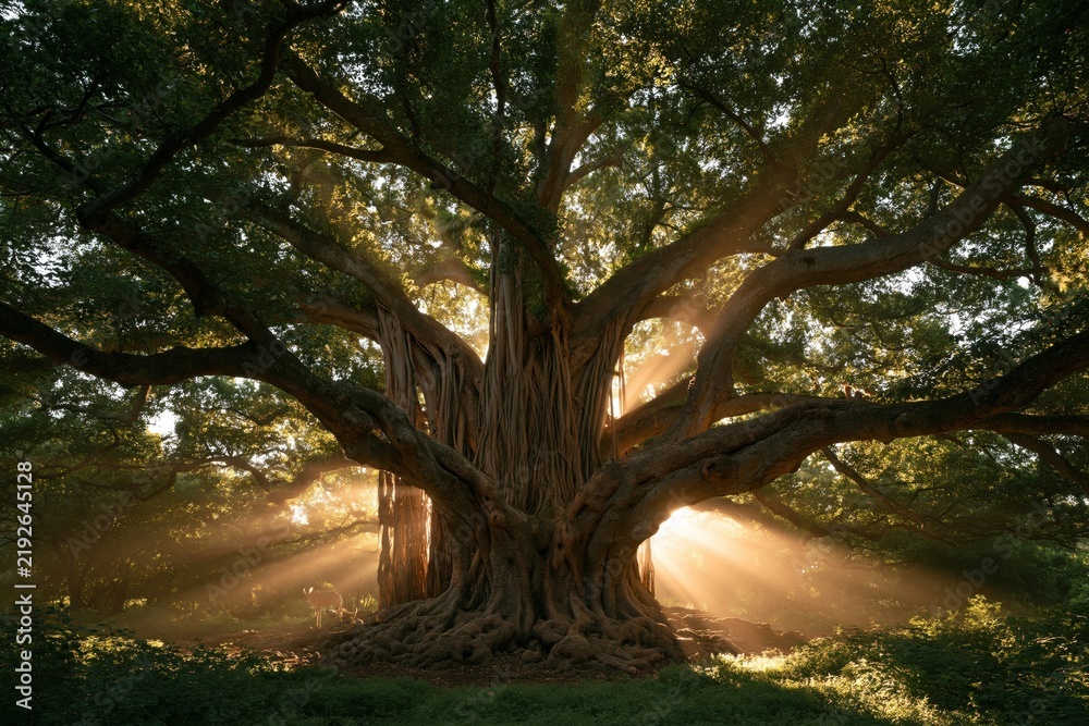 Fototapeta premium Large tree with wide branches and sun rays shining through leaves in a forest setting